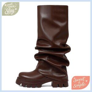 Women's Fold Over Slouchy Boots Wide Calf Platform Chunky Heel Mid Calf